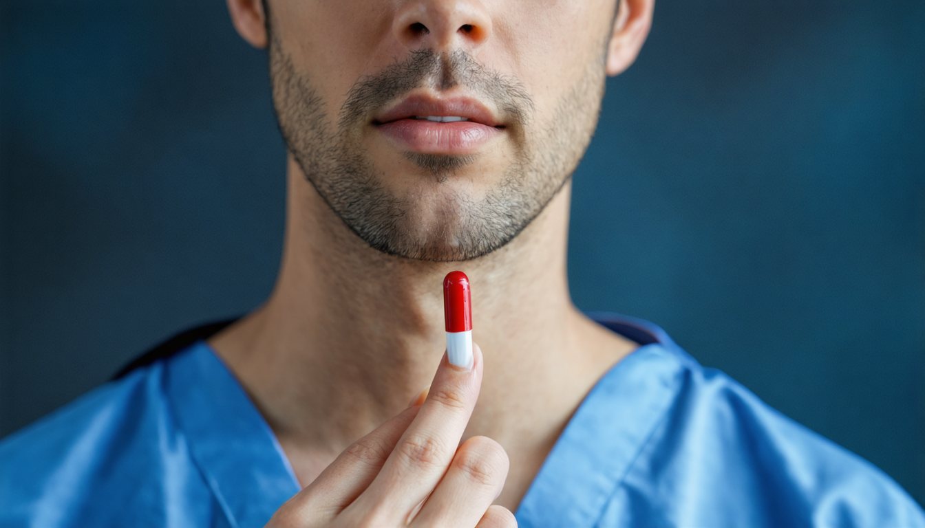 Blister pack of impotence medication tablets next to a glass of water on a bedside table