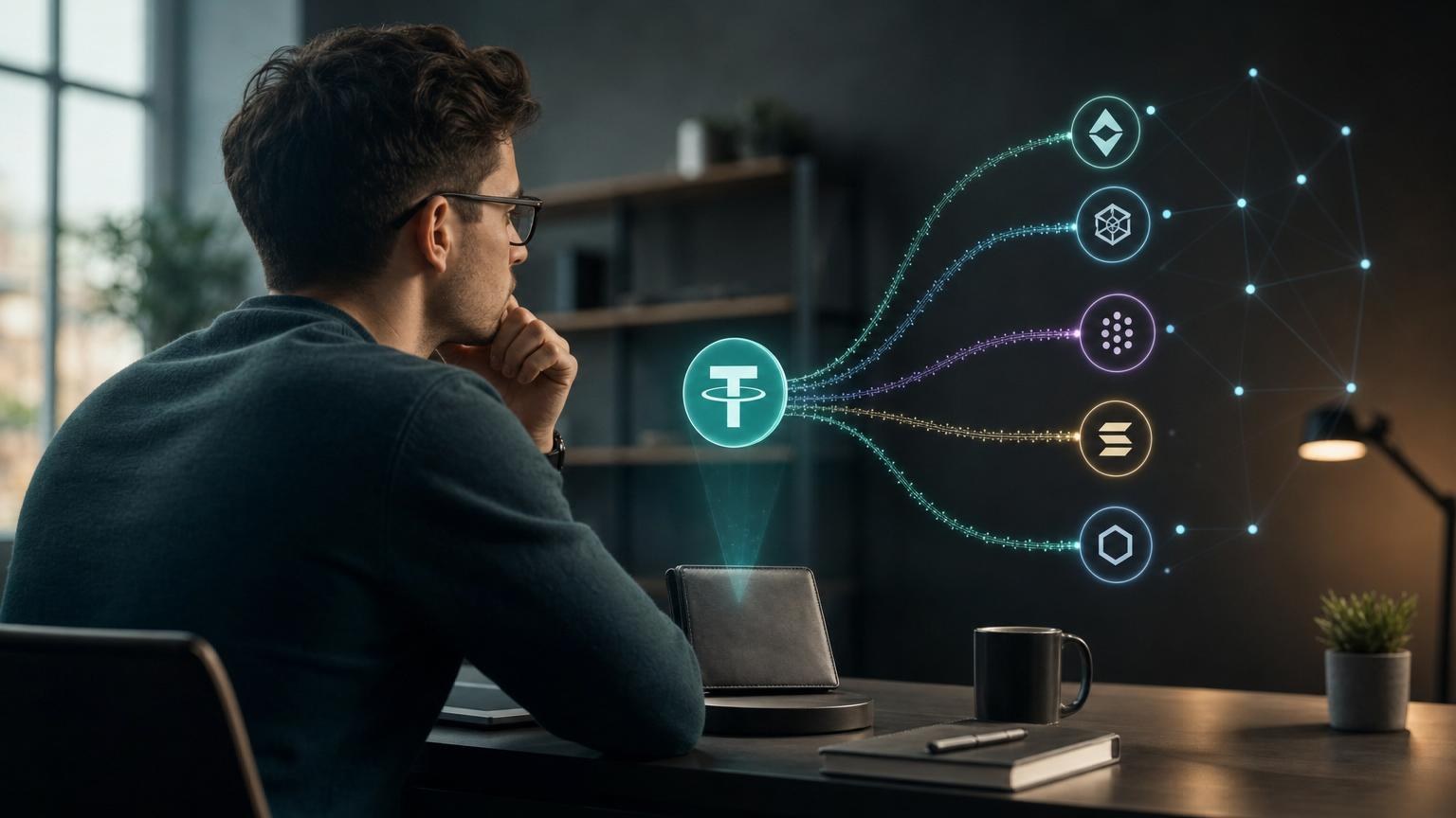 A wallet transfer screen showing USDT network options, recipient address checks, fees, and transaction confirmation status